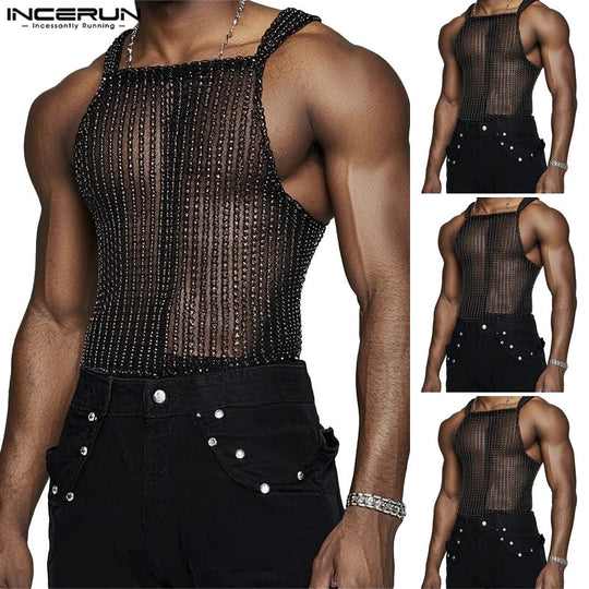 INCERUN Tops 2025 American Style Fashion Men Sparkling Fabric Stripe Perspective Mesh Vests Casual Clubwear Male Thin Tank Tops Festival Outfits | Techno Shirts | Rave Clothing
