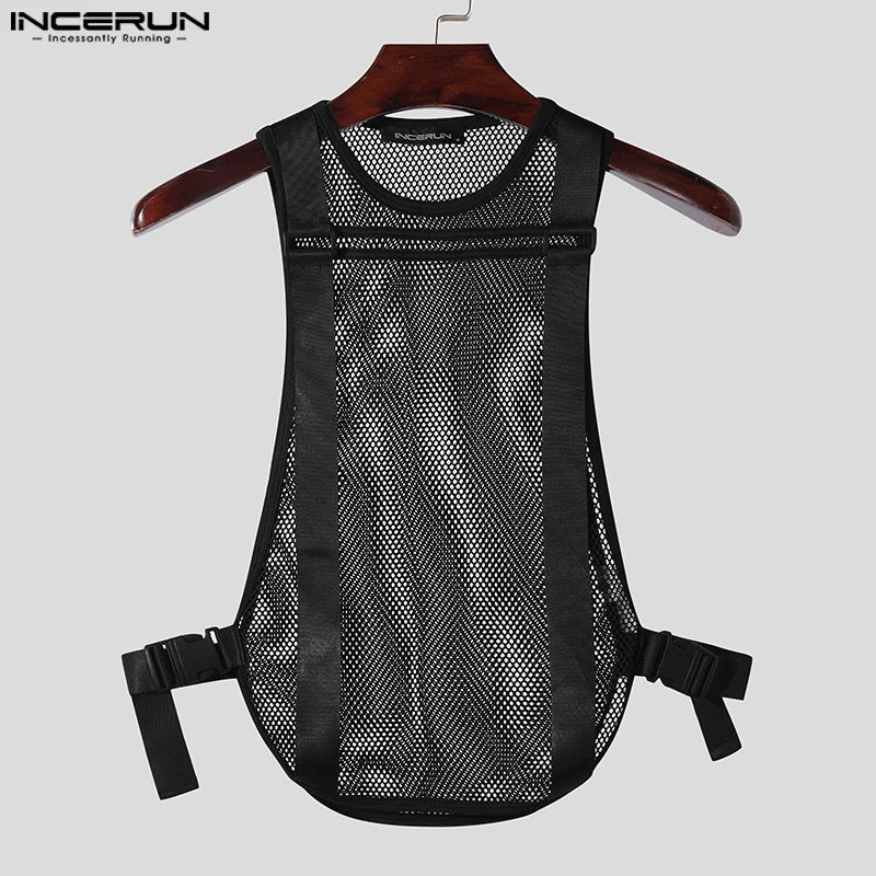 INCERUN Tops 2024 Korean Style Fashion Mens Mesh Hollow Buckle Vests Casual Sexy Male Thin Breathable Sleeveless Tank Tops S-5XL Festival Outfits | Techno Shirts | Rave Clothing