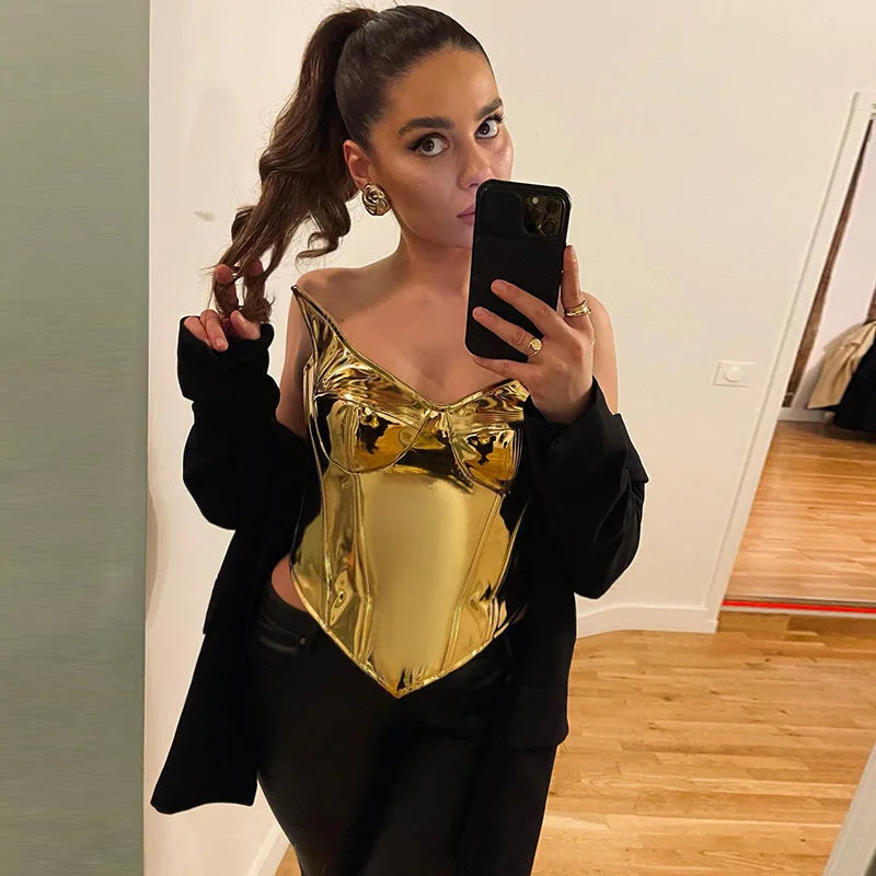 Sexy Frauen Shiny Gold Silber Bustier Crop Tops Helle PU Leder Krone Gürtel Abnehmen Taille Liebsten Low-cut Korsett top Sommer Festival Outfits | Techno Shirts | Rave Clothing