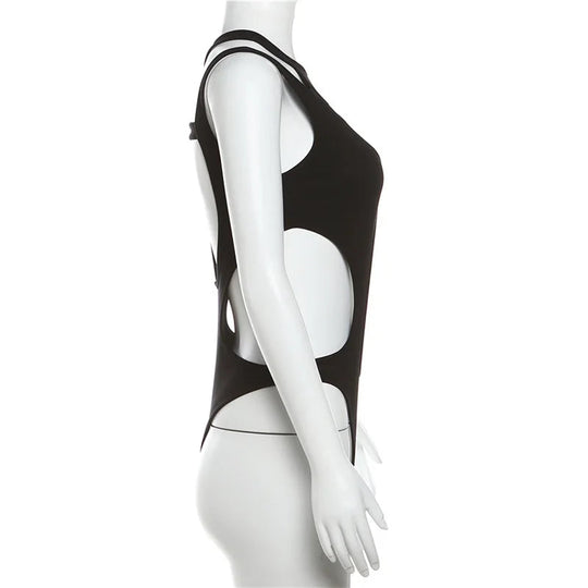 Mall Gothic Hollow Out Sexy Bodys Techwear Fashion Y2k Patchwork Tops Damen Grunge Rückenfrei High Cut Slim Bodysuit Festival Outfits | Techno Shirts | Rave Clothing