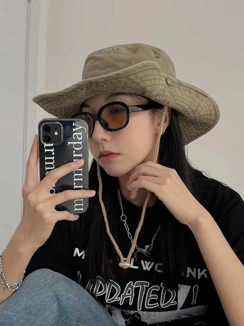 2025 Blaue Cowboy-Wander-Eimerhüte mit Schnur, Herren-Denim-Strand-Sonnenhut für Damen, Outdoor, Paar, Bob, Panama, Sommer-Fischerkappe Festival Outfits | Techno Shirts | Rave Clothing