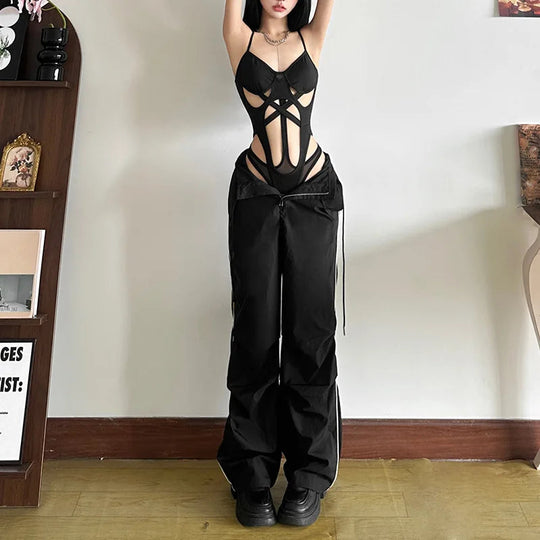 Schwarze Bandage aushöhlen Sexy Cyber Y2k Bodys Gothic Techwear Mesh Patchwork Tops weibliche Handschuh Ärmel Mock Neck Bodysuit Festival Outfits | Techno Shirts | Rave Clothing