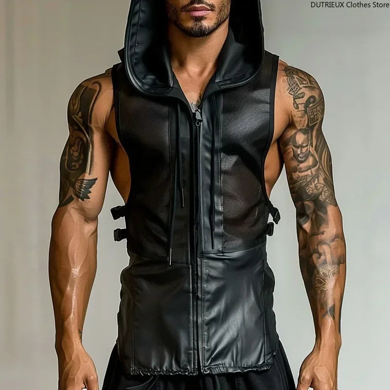 Men's Leather Stitching Net Shirt Motorcycle Leather Vest Top Sexy See-through Hooded Vest Muscular Men Fitness Vest Tank Top Me Festival Outfits | Techno Shirts | Rave Clothing
