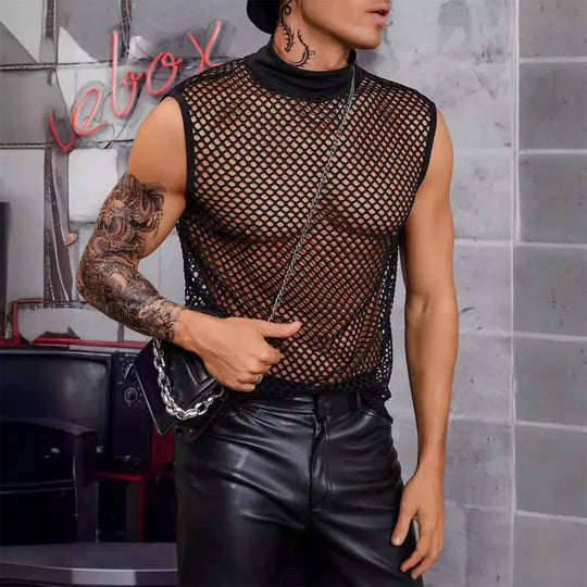 Men's Leather Stitching Net Shirt Motorcycle Leather Vest Top Sexy See-through Hooded Vest Muscular Men Fitness Vest Tank Top Me Festival Outfits | Techno Shirts | Rave Clothing