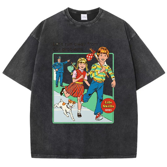 Let' Run Away From Our Problems Print Damen Distress T-Shirts Sommermode gewaschenes T-Shirt atmungsaktive T-Shirts weiche Kleidung Festival Outfits | Techno Shirts | Rave Clothing