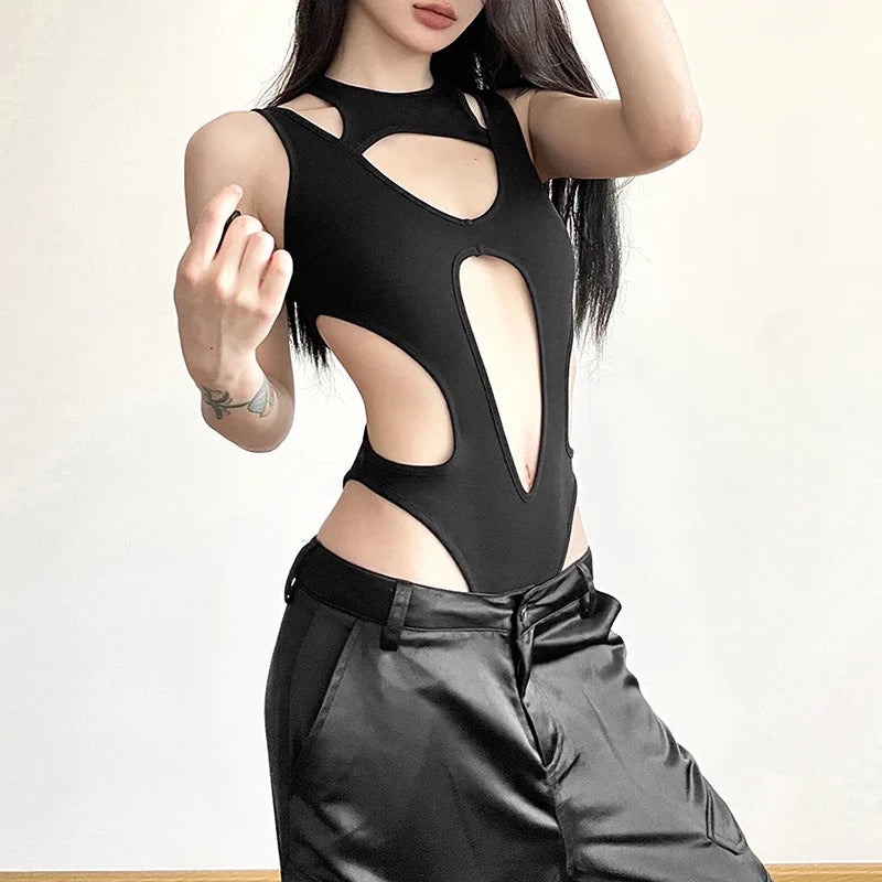 Mall Gothic Hollow Out Sexy Bodys Techwear Fashion Y2k Patchwork Tops Damen Grunge Rückenfrei High Cut Slim Bodysuit Festival Outfits | Techno Shirts | Rave Clothing