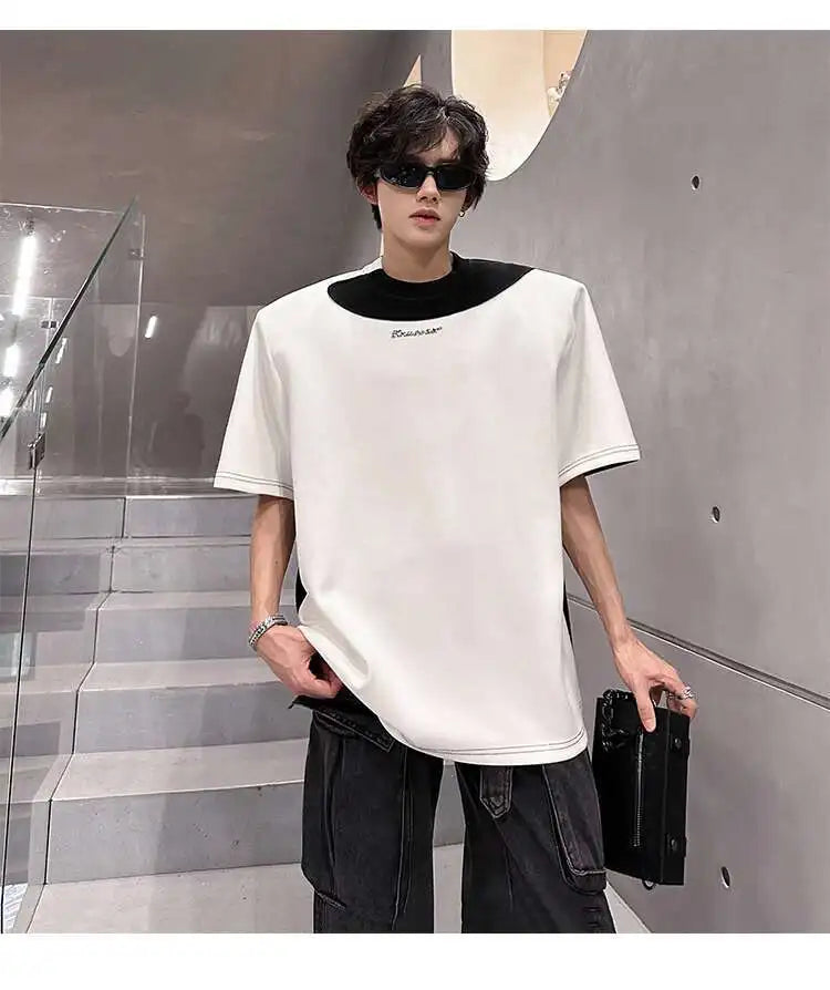 LUZHEN Original Personalisierte Farbe Kontrast Design Kurzarm T-shirts 2025, Sommer Hübsche Schulter Pad Casual Tops JY1473 Festival Outfits | Techno Shirts | Rave Clothing