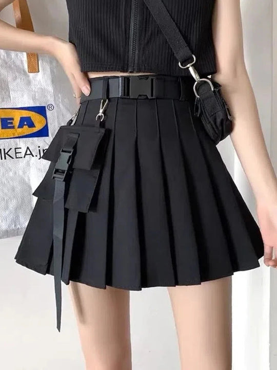 Zoki Harajuku Gürtel Plissee Cargo Rock Frauen Mode Gothic Hohe Taille Tasche Mini Röcke Mode Sommer Dame EINE Linie Schwarz Rock Festival Outfits | Techno Shirts | Rave Clothing