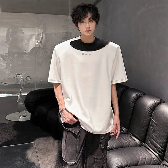 LUZHEN Original Personalisierte Farbe Kontrast Design Kurzarm T-shirts 2025, Sommer Hübsche Schulter Pad Casual Tops JY1473 Festival Outfits | Techno Shirts | Rave Clothing