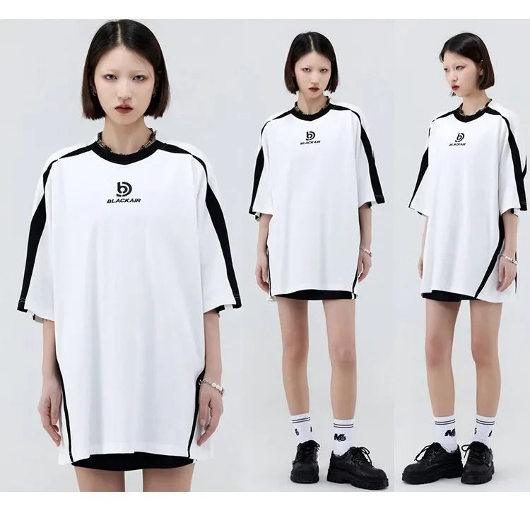 Vintage Gespleißte Schulter Kurzarm T-Shirt Männer Frauen Sommer Streetwear Oversize Paar Lose-Fit Top Rundhals Material Festival Outfits | Techno Shirts | Rave Clothing