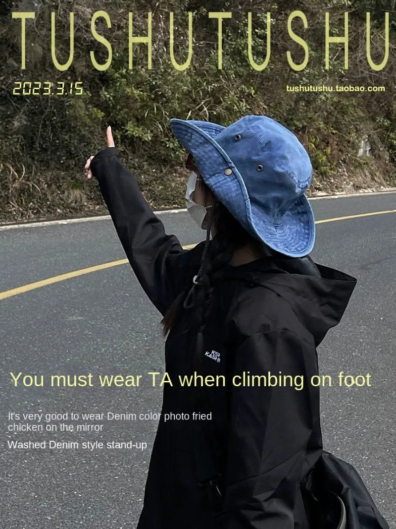 2025 Blaue Cowboy-Wander-Eimerhüte mit Schnur, Herren-Denim-Strand-Sonnenhut für Damen, Outdoor, Paar, Bob, Panama, Sommer-Fischerkappe Festival Outfits | Techno Shirts | Rave Clothing