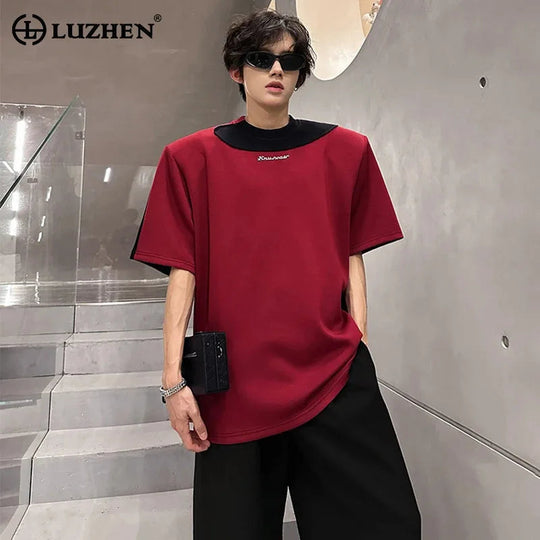 LUZHEN Original Personalisierte Farbe Kontrast Design Kurzarm T-shirts 2025, Sommer Hübsche Schulter Pad Casual Tops JY1473 Festival Outfits | Techno Shirts | Rave Clothing