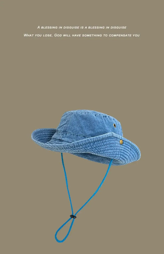 2025 Blaue Cowboy-Wander-Eimerhüte mit Schnur, Herren-Denim-Strand-Sonnenhut für Damen, Outdoor, Paar, Bob, Panama, Sommer-Fischerkappe Festival Outfits | Techno Shirts | Rave Clothing