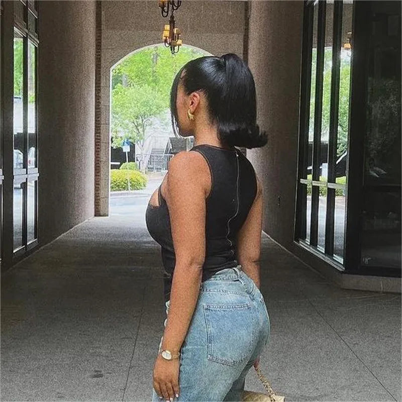 Talenza Damen-Weste, ärmellos, Rundhalsausschnitt, Sommer, einfarbig, hohl, schmale Weste, Top, modisch, sexy Streetwear, Damen, schmale Weste Festival Outfits | Techno Shirts | Rave Clothing