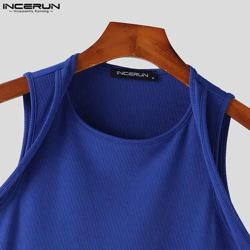 Incerun Tops 2024 koreanischen Stil Männer Schulter gurt Design sexy elastische Westen lässig gut sitzende solide ärmellose Weste S-5XL Festival Outfits | Techno Shirts | Rave Clothing