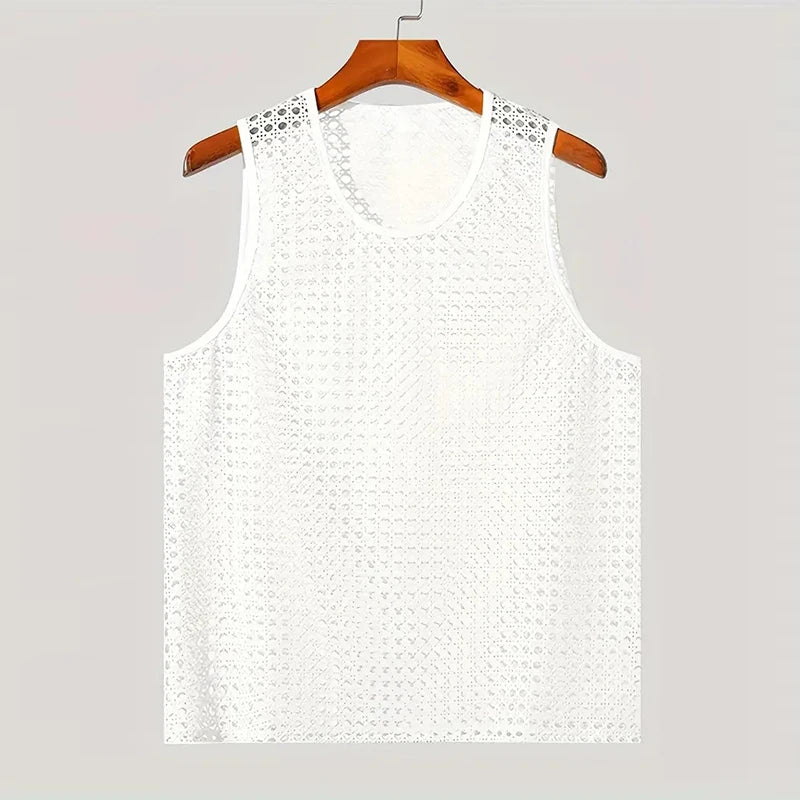New American Style Fashion Men Tops Popular Vacation Hollow Out Mesh Vests Sexy Casual Sleeveless Tank Tops S-2XL 2025 Summer Festival Outfits | Techno Shirts | Rave Clothing