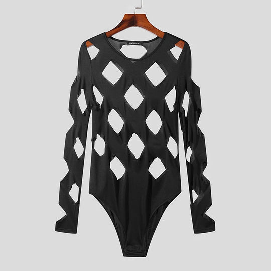 INCERUN Men Bodysuits Solid Color Hollow Out Sexy O-neck Long Sleeve Men T Shirts Rompers Streetwear 2024 Fashion Bodysuit S-3XL Festival Outfits | Techno Shirts | Rave Clothing