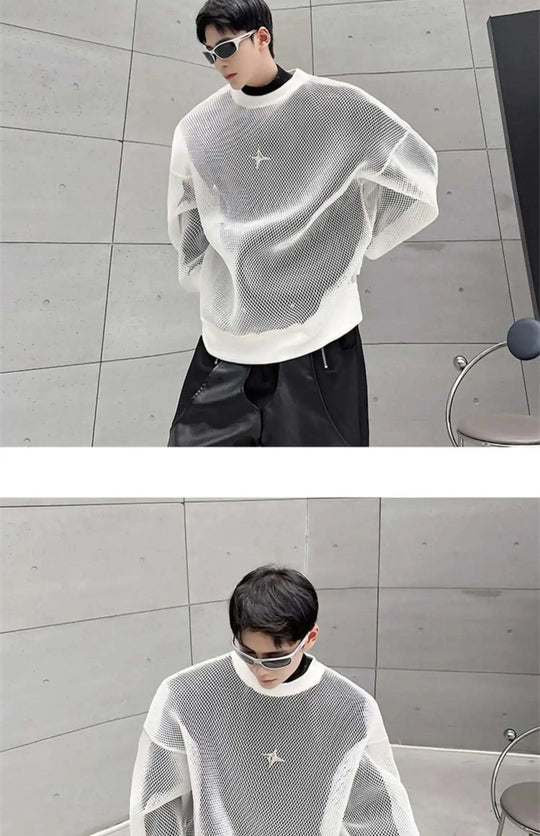 LUZHEN 2025 Frühling High Street Perspektive Original Mesh Design Pullover Herrenmode Metall Schnalle Schmücken Casual Tops LZ3027 Festival Outfits | Techno Shirts | Rave Clothing