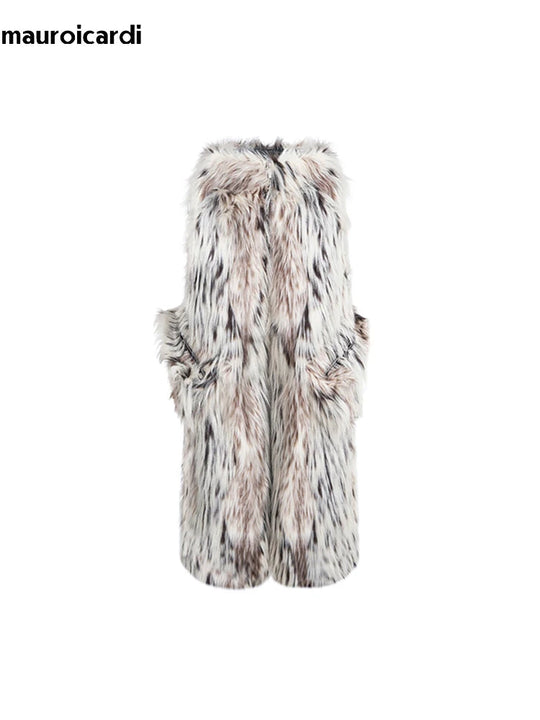 Mauroicardi Herbst Winter Lange Bunte Dicke Warme Haarige Flauschigen Faux Pelz Breite Bein Hosen Männer Taschen Runway Fashion Streetwear Festival Outfits | Techno Shirts | Rave Clothing