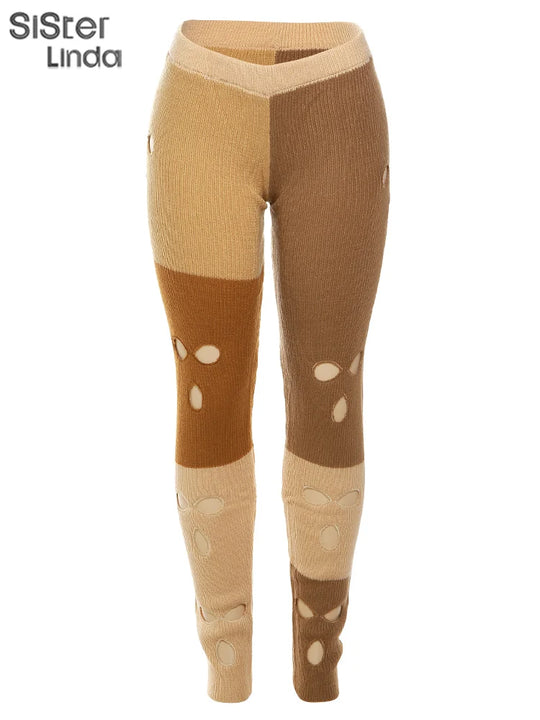 Sister linda gestrickte hipster chic y2k hohle hose frauen zerrissen elastische hohe taille lässige basi hose weibliche hosen streetwear FESTIVAL OUTFITS & STREETWEAR