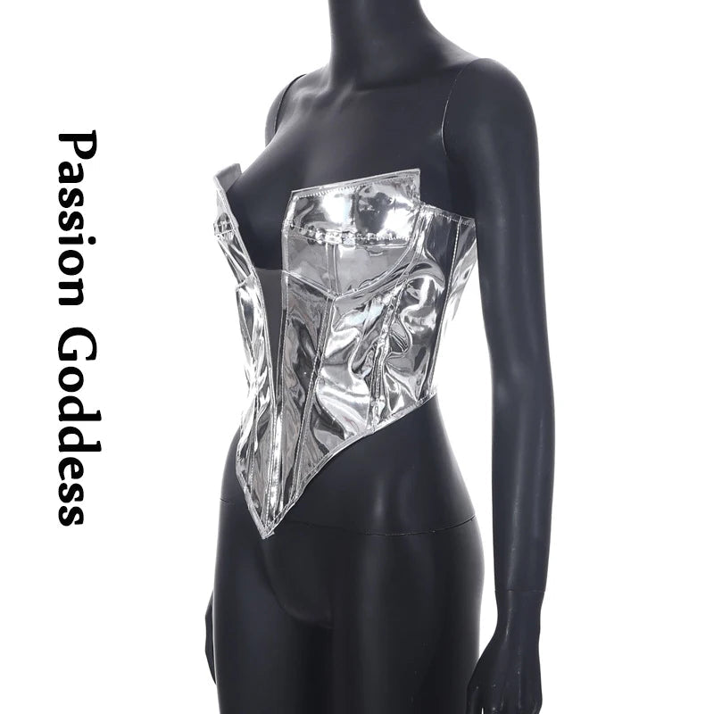 Sexy Frauen Shiny Gold Silber Bustier Crop Tops Helle PU Leder Krone Gürtel Abnehmen Taille Liebsten Low-cut Korsett top Sommer Festival Outfits | Techno Shirts | Rave Clothing