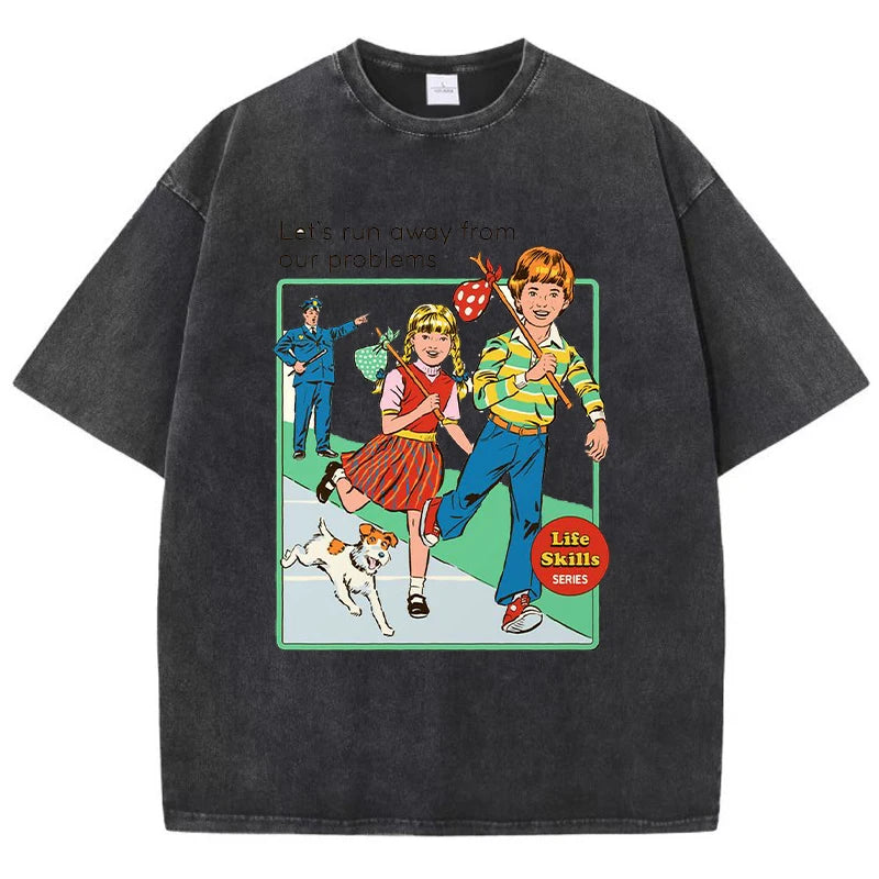 Let' Run Away From Our Problems Print Damen Distress T-Shirts Sommermode gewaschenes T-Shirt atmungsaktive T-Shirts weiche Kleidung Festival Outfits | Techno Shirts | Rave Clothing