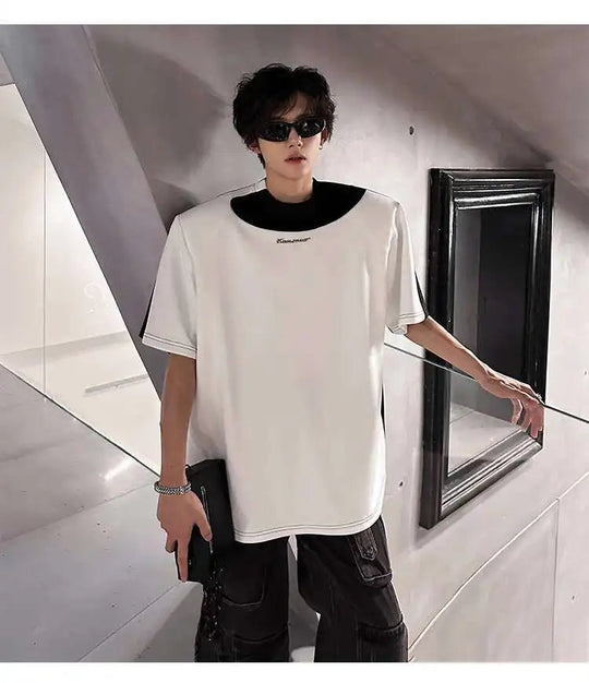 LUZHEN Original Personalisierte Farbe Kontrast Design Kurzarm T-shirts 2025, Sommer Hübsche Schulter Pad Casual Tops JY1473 Festival Outfits | Techno Shirts | Rave Clothing