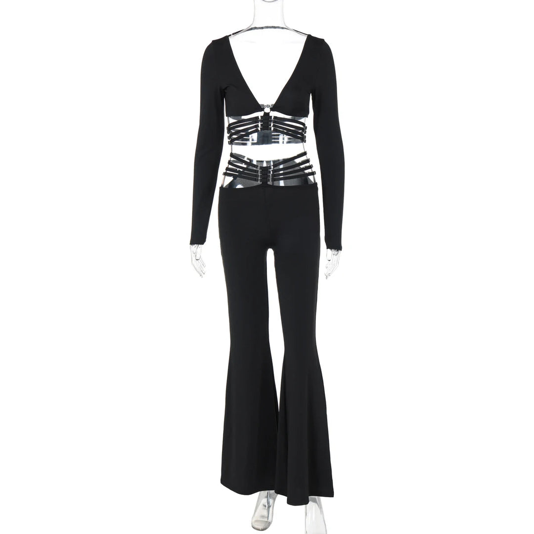 Dulzura Sexy aushöhlen 2-teiliges Hosen-Set mit langen Ärmeln, rückenfreiem, schmalem Crop-Top und Schlaghose, passendes Set, Party, Club, Streetwear Festival Outfits | Techno Shirts | Rave Clothing