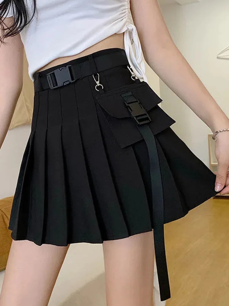 Zoki Harajuku Gürtel Plissee Cargo Rock Frauen Mode Gothic Hohe Taille Tasche Mini Röcke Mode Sommer Dame EINE Linie Schwarz Rock Festival Outfits | Techno Shirts | Rave Clothing
