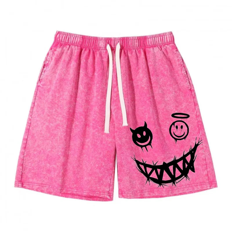 Kurze Sporthose für Herren, Angel&Ghost, bedruckt, gewaschene Säur-Shorts, lockeres gerades Bein, atmungsaktiv, neuer Modetrend, lässig, S-XXL Festival Outfits | Techno Shirts | Rave Clothing