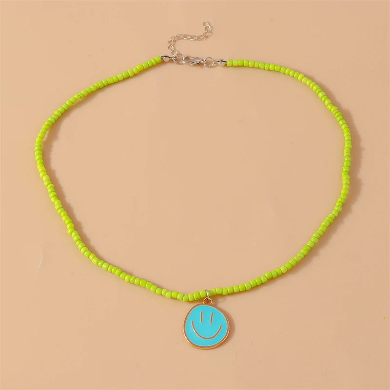 Mode Bunte Lächeln Gesicht Anhänger Halskette für Frauen Handgemachte Perlen Halskette Mädchen Party Festival Schmuck Geschenke Festival Outfits | Techno Shirts | Rave Clothing