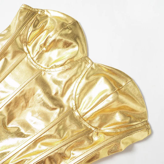 Sexy Frauen Shiny Gold Silber Bustier Crop Tops Helle PU Leder Krone Gürtel Abnehmen Taille Liebsten Low-cut Korsett top Sommer Festival Outfits | Techno Shirts | Rave Clothing