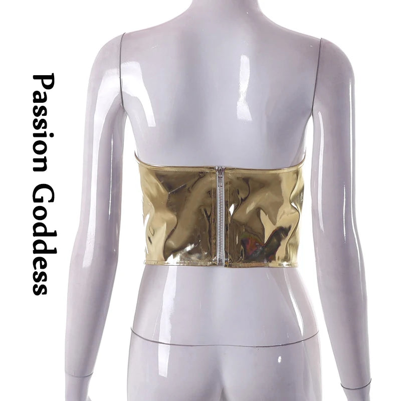 Sexy Frauen Shiny Gold Silber Bustier Crop Tops Helle PU Leder Krone Gürtel Abnehmen Taille Liebsten Low-cut Korsett top Sommer Festival Outfits | Techno Shirts | Rave Clothing