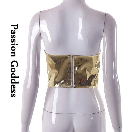 Sexy Frauen Shiny Gold Silber Bustier Crop Tops Helle PU Leder Krone Gürtel Abnehmen Taille Liebsten Low-cut Korsett top Sommer Festival Outfits | Techno Shirts | Rave Clothing