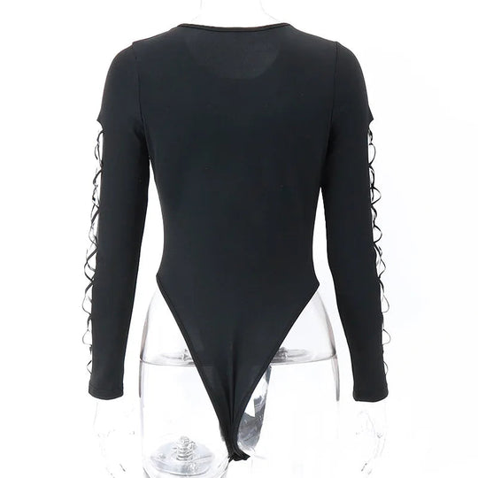 Shestyle Schwarz Aushöhlen Design Körper für Frauen Kalten Schulter Hohe Taille Sexy Halloween Heißer Dame Bodys Neue-Gefunden top Solide Festival Outfits | Techno Shirts | Rave Clothing