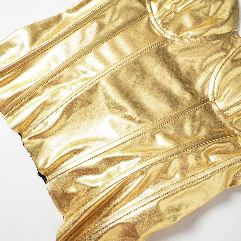 Sexy Frauen Shiny Gold Silber Bustier Crop Tops Helle PU Leder Krone Gürtel Abnehmen Taille Liebsten Low-cut Korsett top Sommer Festival Outfits | Techno Shirts | Rave Clothing