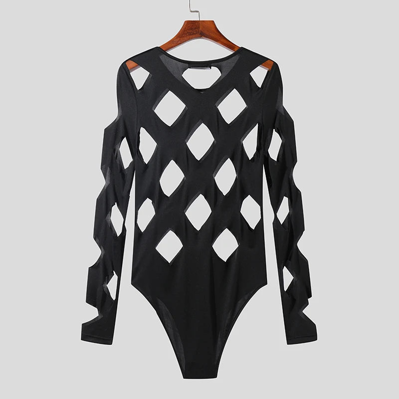 INCERUN Men Bodysuits Solid Color Hollow Out Sexy O-neck Long Sleeve Men T Shirts Rompers Streetwear 2024 Fashion Bodysuit S-3XL Festival Outfits | Techno Shirts | Rave Clothing