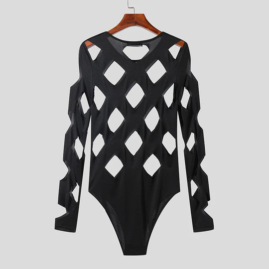 INCERUN Men Bodysuits Solid Color Hollow Out Sexy O-neck Long Sleeve Men T Shirts Rompers Streetwear 2024 Fashion Bodysuit S-3XL Festival Outfits | Techno Shirts | Rave Clothing