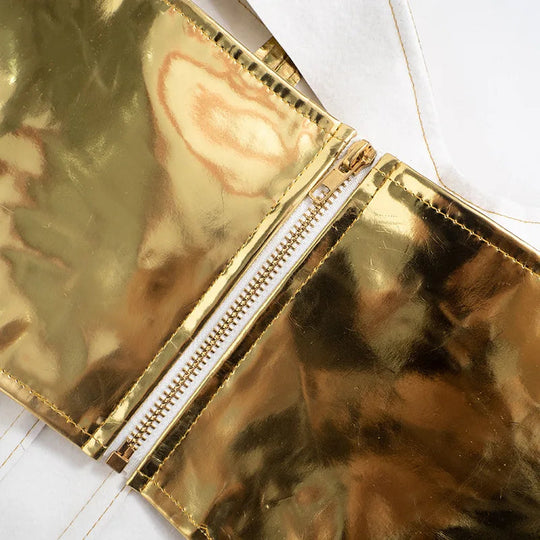 Sexy Frauen Shiny Gold Silber Bustier Crop Tops Helle PU Leder Krone Gürtel Abnehmen Taille Liebsten Low-cut Korsett top Sommer Festival Outfits | Techno Shirts | Rave Clothing