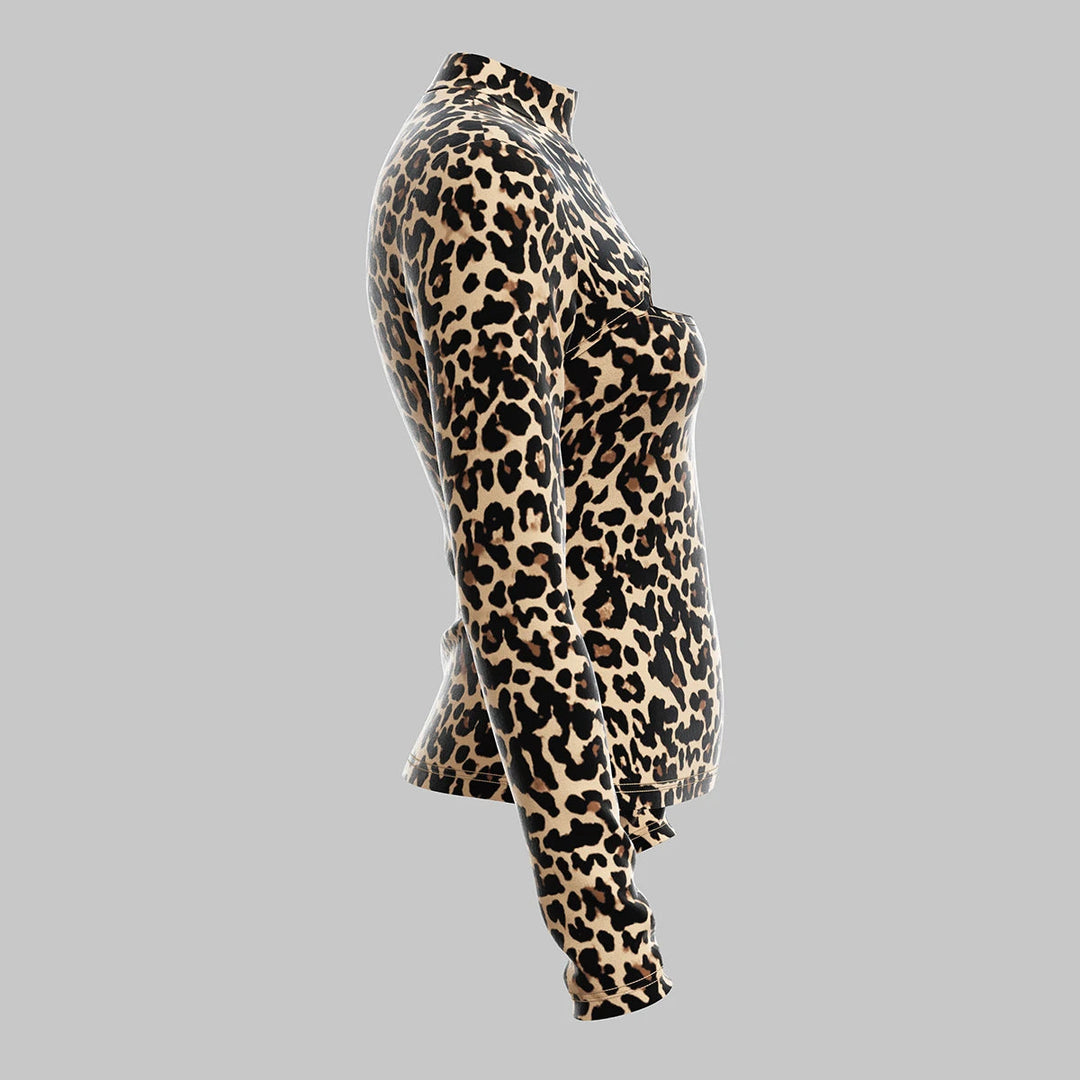 Mia Muse Damen-T-Shirts für alle Jahreszeiten, französische, sexy, ausgeschnittene, langärmlige, modische T-Shirts mit Leopardenmuster und Rundhalsausschnitt Festival Outfits | Techno Shirts | Rave Clothing