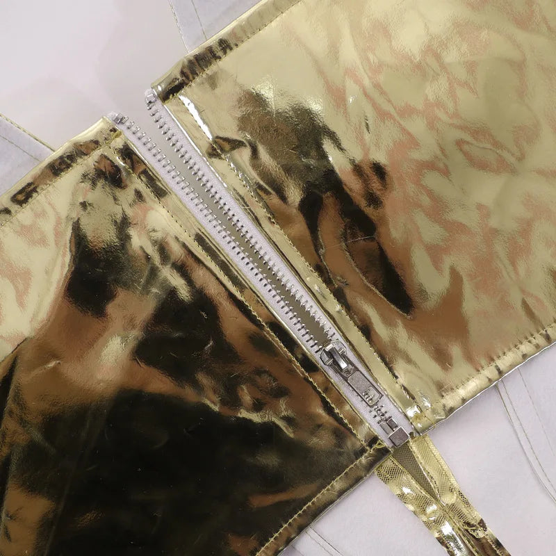 Sexy Frauen Shiny Gold Silber Bustier Crop Tops Helle PU Leder Krone Gürtel Abnehmen Taille Liebsten Low-cut Korsett top Sommer Festival Outfits | Techno Shirts | Rave Clothing