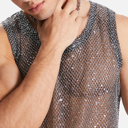 2024 Summer New Fashion Glitter Sequin Tank Tops Men Sexy Partywear Hollow Out Transparent Camisoles Mens Vintage Mesh Vest Top Festival Outfits | Techno Shirts | Rave Clothing