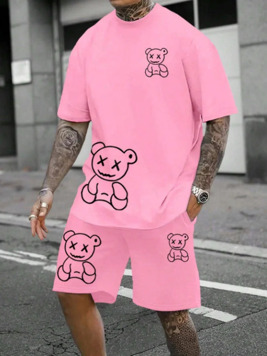 Herren Sommer Cartoon Bär 2-teilige Anzüge Casual T-Shirt und Kordelzug Taille Shorts Set 2025 Urlaub Strand Übergroße Outfits Festival Outfits | Techno Shirts | Rave Clothing