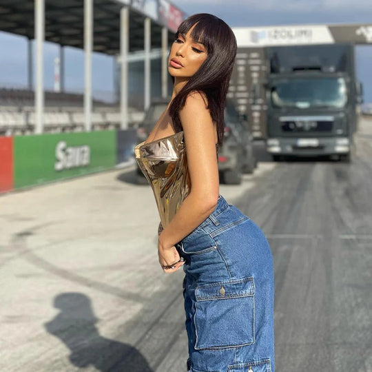 Sexy Frauen Shiny Gold Silber Bustier Crop Tops Helle PU Leder Krone Gürtel Abnehmen Taille Liebsten Low-cut Korsett top Sommer Festival Outfits | Techno Shirts | Rave Clothing