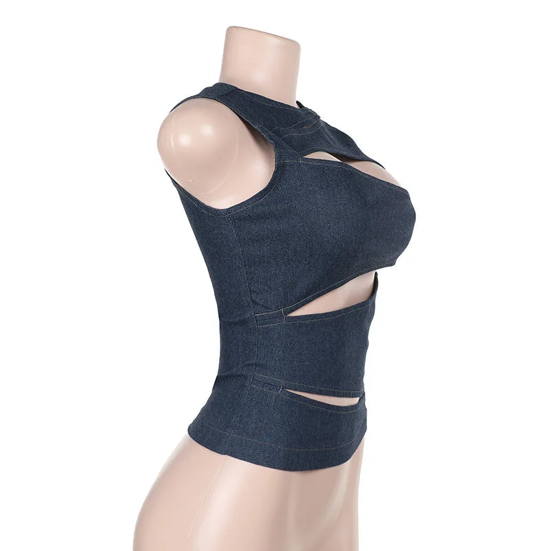 Talenza Damen-Weste, ärmellos, Rundhalsausschnitt, Sommer, einfarbig, hohl, schmale Weste, Top, modisch, sexy Streetwear, Damen, schmale Weste Festival Outfits | Techno Shirts | Rave Clothing