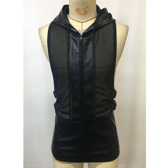 Men's Leather Stitching Net Shirt Motorcycle Leather Vest Top Sexy See-through Hooded Vest Muscular Men Fitness Vest Tank Top Me Festival Outfits | Techno Shirts | Rave Clothing
