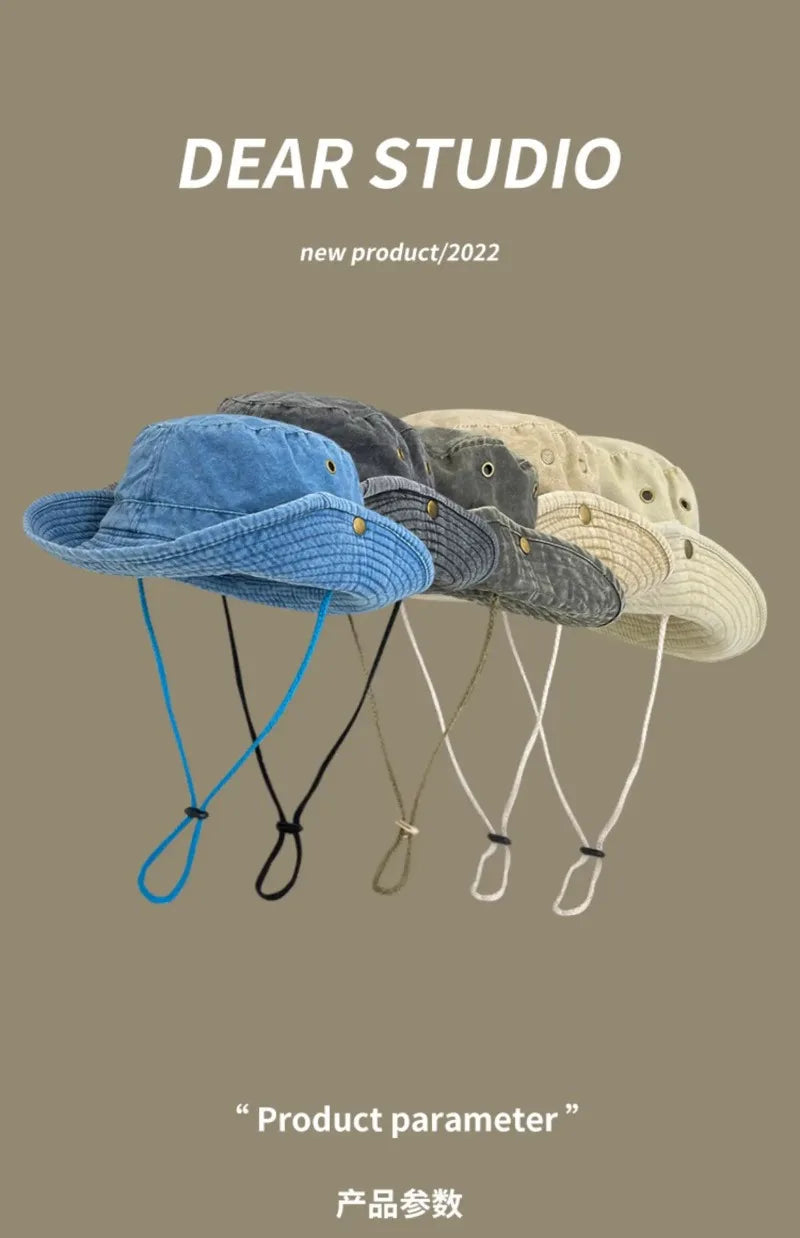 2025 Blaue Cowboy-Wander-Eimerhüte mit Schnur, Herren-Denim-Strand-Sonnenhut für Damen, Outdoor, Paar, Bob, Panama, Sommer-Fischerkappe Festival Outfits | Techno Shirts | Rave Clothing