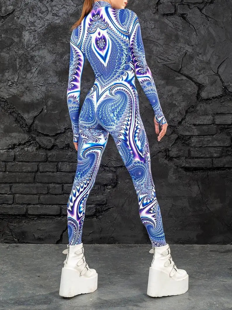 Colorful 3D Printing Women Holiday Party Cyber Punk Rainbow Jumpsuit Onesie Halloween Cosplay Costume Elastic Bodysuit Romper Festival Outfits | Techno Shirts | Rave Clothing