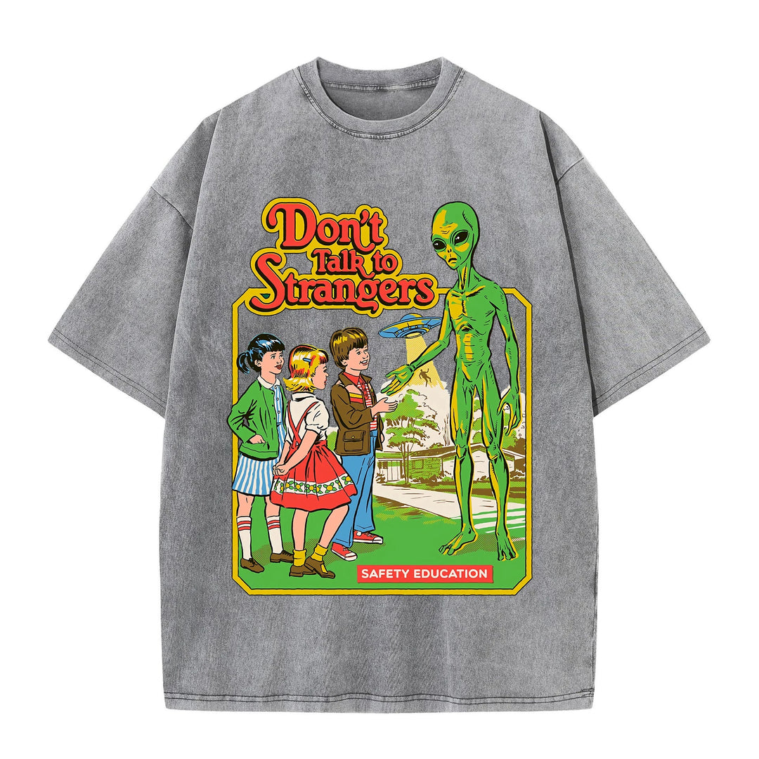 Cartoon Alien Klassische Kommunikation Druck Frauen T-shirt Atmungsaktive Baumwolle Kurzarm Gewaschen Vintage Abgenutzt Weibliche T Shirts Festival Outfits | Techno Shirts | Rave Clothing