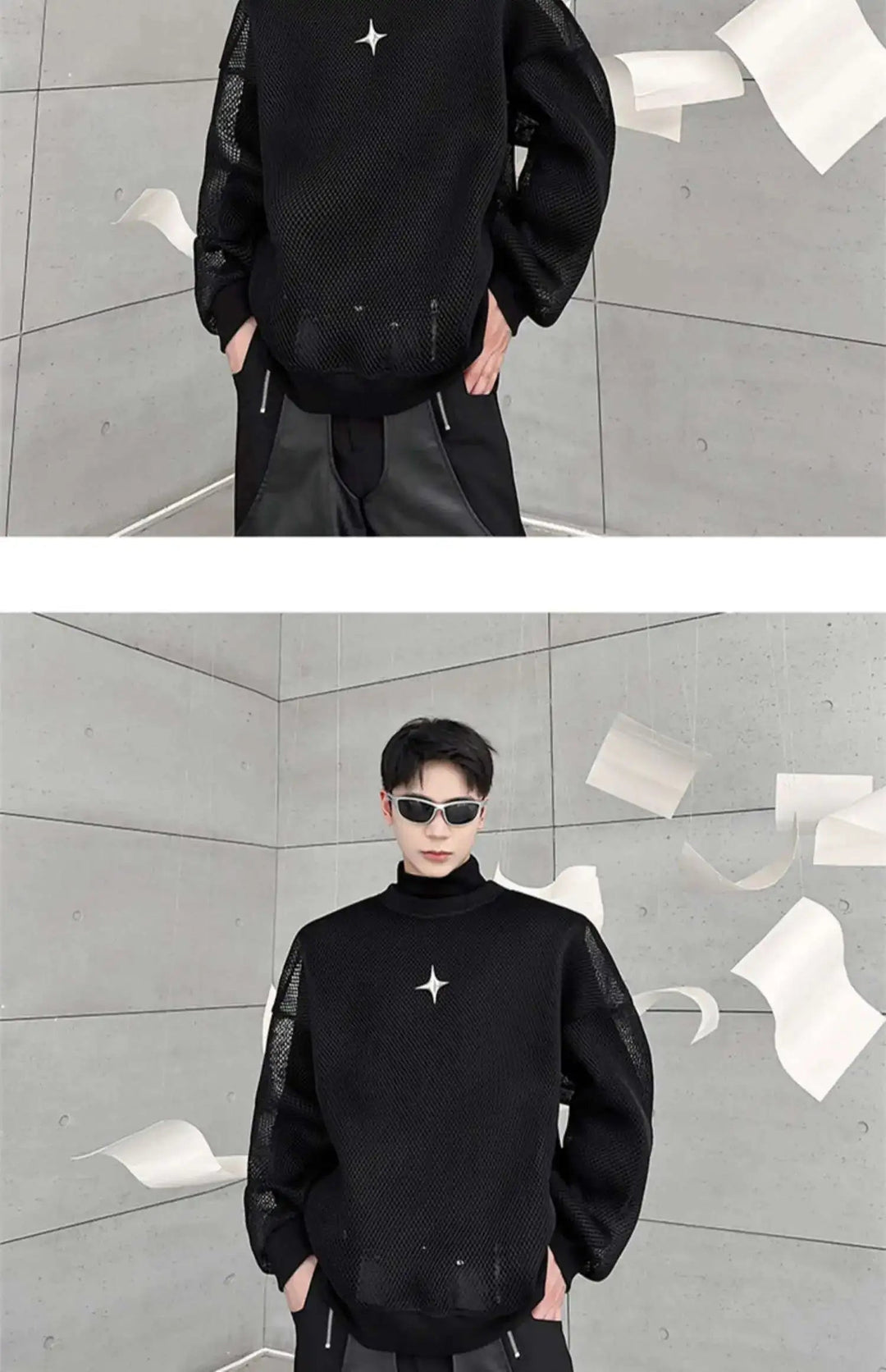 LUZHEN 2025 Frühling High Street Perspektive Original Mesh Design Pullover Herrenmode Metall Schnalle Schmücken Casual Tops LZ3027 Festival Outfits | Techno Shirts | Rave Clothing